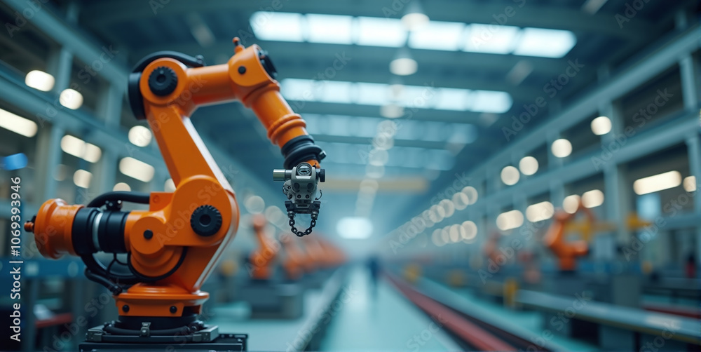industrial robotic arm with robotic hand for faster and more precise production processes, machines of the future in industrialization - ai generated industrial robotic arm with robotic hand for faster and more precise production processes, machines of the future in industrialization - ai generated
