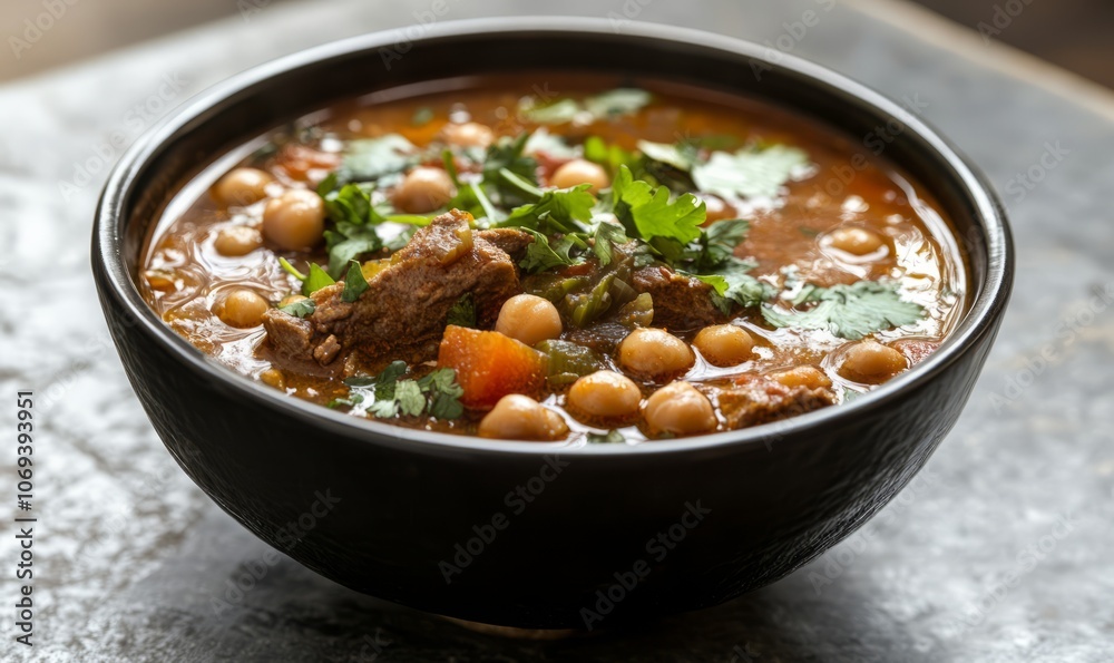 Moroccan Harira Soup in a black bowl on a tabletop made of grey concrete. Moroccan cuisine dish called harira contains lamb or beef, chickpeas, lentils, tomatoes, and cilantro. Iftar meals for Ramadan Moroccan Harira Soup in a black bowl on a tabletop made of grey concrete. Moroccan cuisine dish called harira contains lamb or beef, chickpeas, lentils, tomatoes, and cilantro. Iftar meals for Ramadan