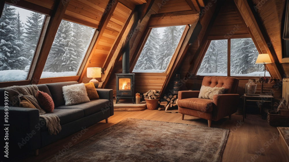 The cozy interior of an A-frame house, a warm room during the winter The cozy interior of an A-frame house, a warm room during the winter