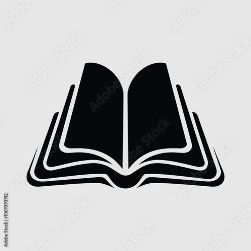 Minimalist black and white icon of an open book with pages, on a plain gray background.