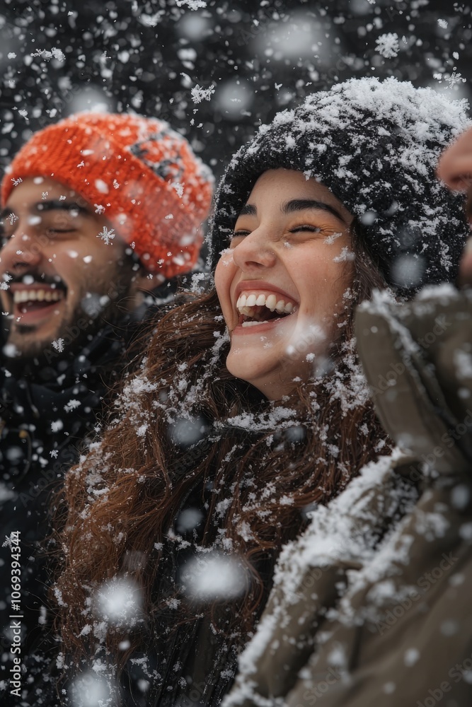 Happy friends enjoying a snowy day outdoors during winter in a city park Happy friends enjoying a snowy day outdoors during winter in a city park
