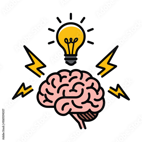 Illustration of a human brain with a lightbulb representing ideas and creativity, surrounded by lightning bolts on a white background.