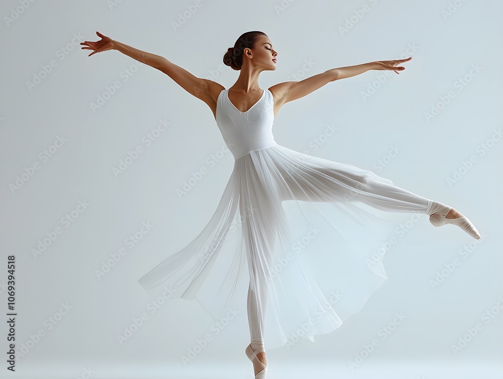 A model in an elegant ballet outfit in a graceful dance