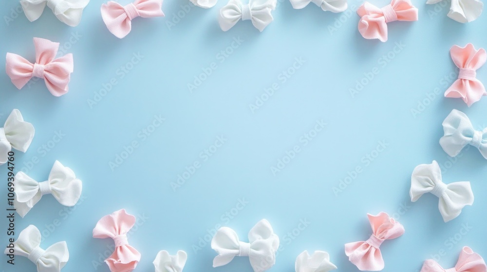 Delicate pink and white bows arranged in a frame on soft blue background, capturing the essence of girlhood design Delicate pink and white bows arranged in a frame on soft blue background, capturing the essence of girlhood design