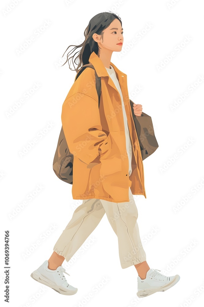 Asian woman girl walking in comfort outfit on white background Asian woman girl walking in comfort outfit on white background
