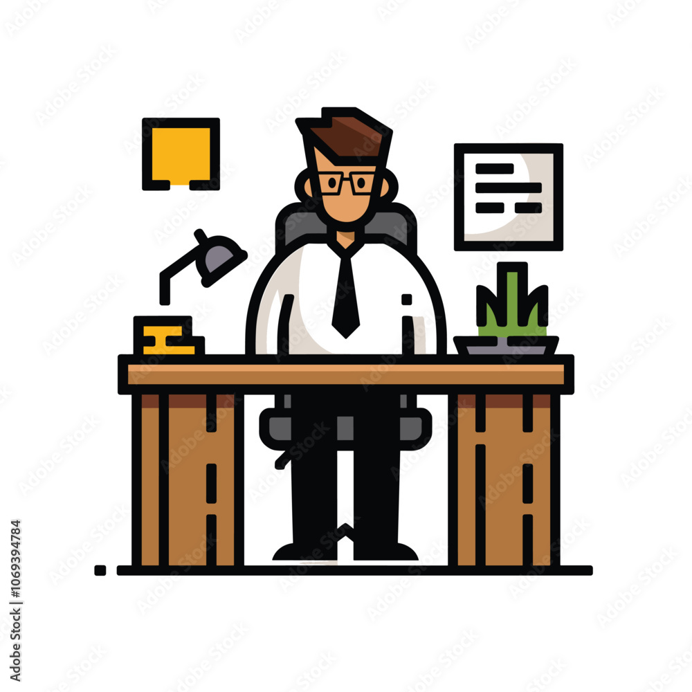 Illustration of a man in formal attire sitting at an office desk with decor and documents.