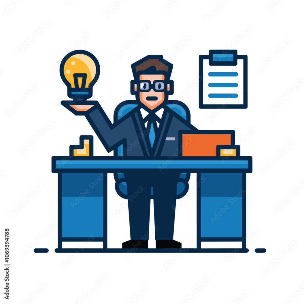 Illustration of a businessman holding a lightbulb, symbolizing innovation and creativity in a modern office setting. Illustration of a businessman holding a lightbulb, symbolizing innovation and creativity in a modern office setting.