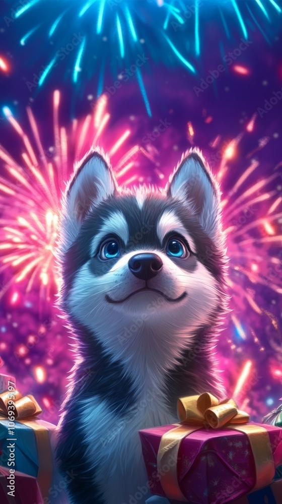 Adorable puppy holding gifts under vibrant fireworks in a festive, colorful night sky. Bright and cheerful scene with glowing lights and energetic atmosphere. Adorable puppy holding gifts under vibrant fireworks in a festive, colorful night sky. Bright and cheerful scene with glowing lights and energetic atmosphere.