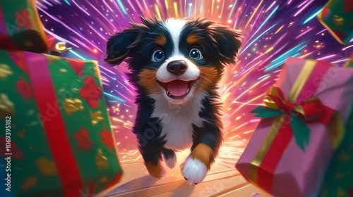 Excited puppy running joyfully surrounded by colorful wrapped gifts with vibrant, glowing fireworks in the background. Cheerful and festive, creating a playful holiday atmosphere. photo