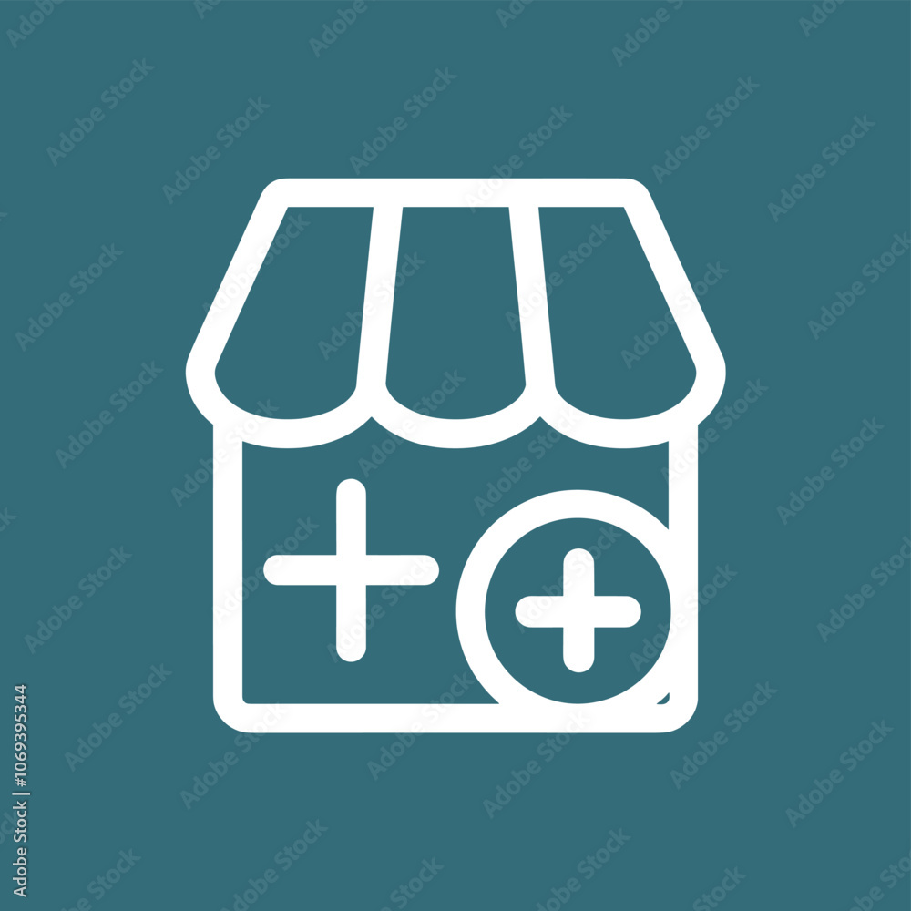 Obraz premium Icon of a store with a plus sign indicating addition, set against a teal background.