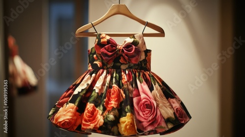 Floral dress on hanger in soft lighting highlights vibrant patterns and joyful essence of girlhood design. concept of little girl's fashion and creativity. photo