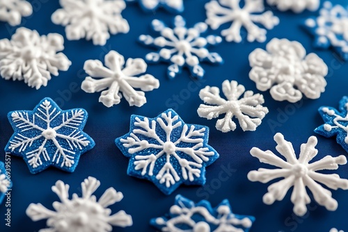 Fond bleu royal avec motifs de flocons de neige blancs pour une ambiance hivernale.. photo