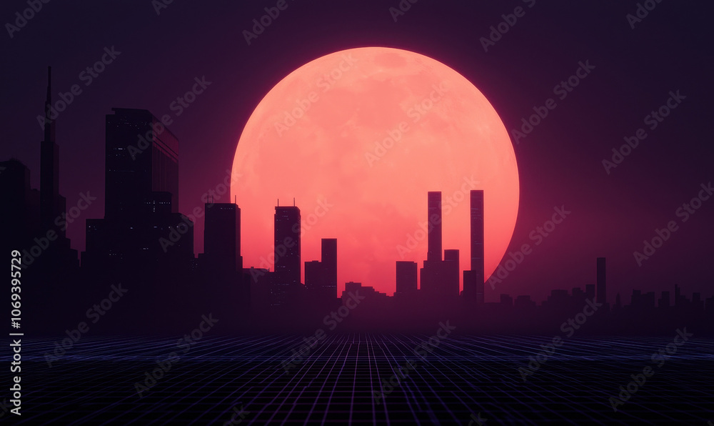 Dramatic Silhouette of Urban Skyline Against Luminous Red Moon at Sunset Dramatic Silhouette of Urban Skyline Against Luminous Red Moon at Sunset