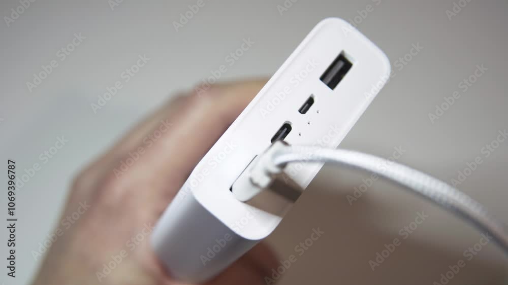 A hand plugs a USB device into a portable charging station on a clean workspace. A hand plugs a USB device into a portable charging station on a clean workspace.