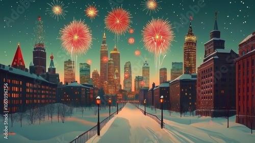 A snowy city street illuminated by vibrant fireworks in the sky, creating a festive and celebratory winter night scene.
