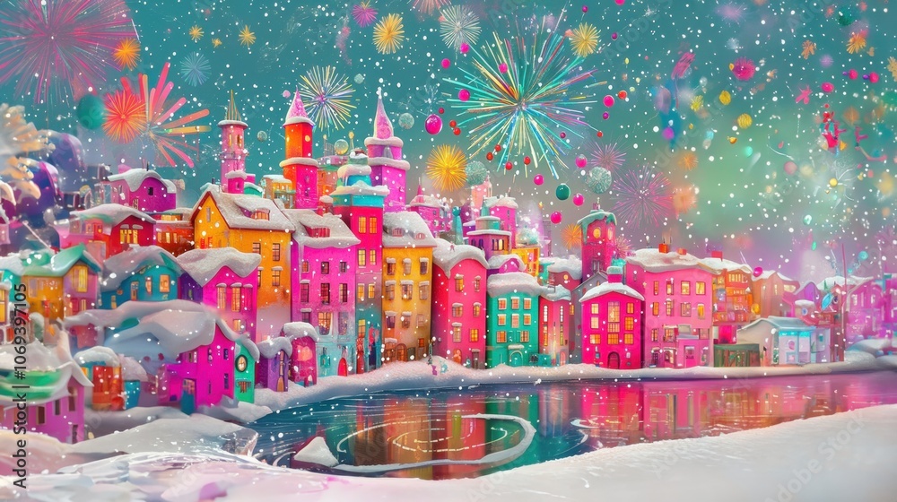 Fototapeta premium Colorful Fireworks Over Festive Snowy Scene In Old European Town Reflected In The Lake 