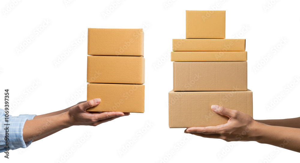Two individuals exchange brown shipping boxes during a transaction in a bright, neutral setting Two individuals exchange brown shipping boxes during a transaction in a bright, neutral setting