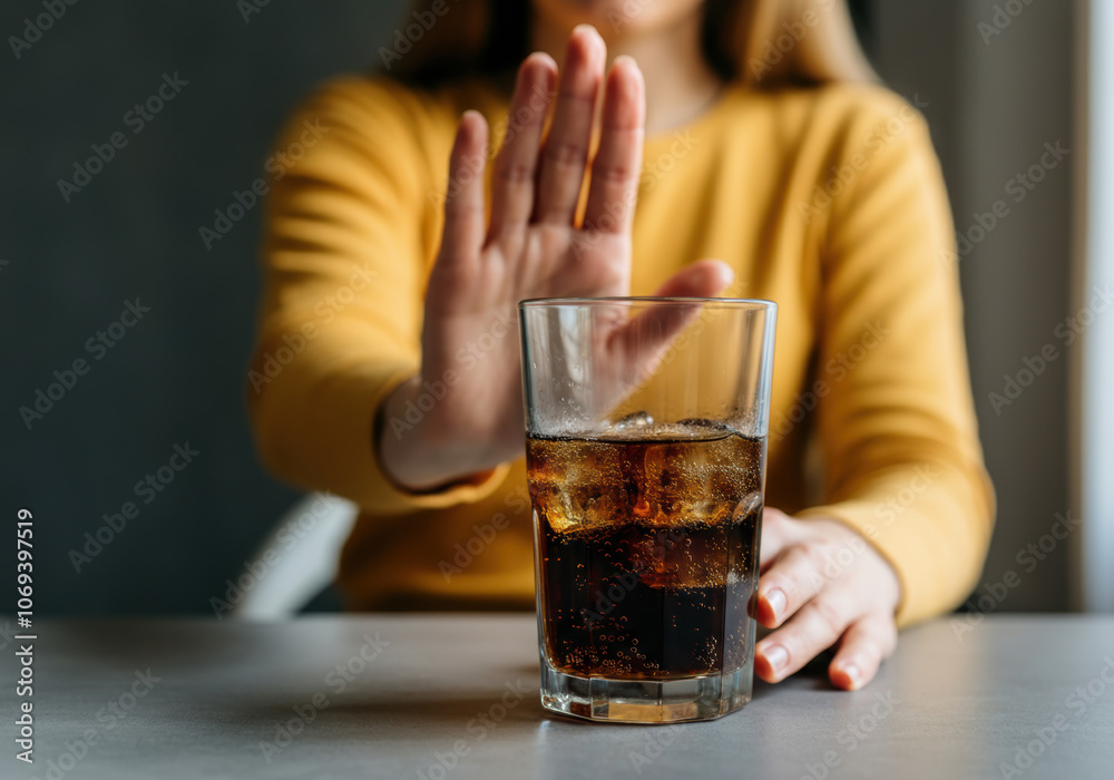 A person in a yellow sweater rejects a glass of soda at a table during afternoon light in a cozy indoor setting A person in a yellow sweater rejects a glass of soda at a table during afternoon light in a cozy indoor setting