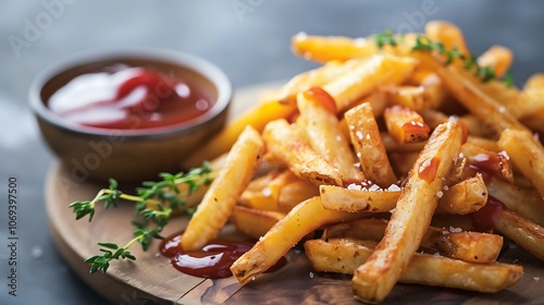 Perfectly golden and crispy French fries with barbecue dipping sauce presented on a rustic wooden plate accompanied by fresh thyme garnish and gentle natural light in a cozy dining atmosphere