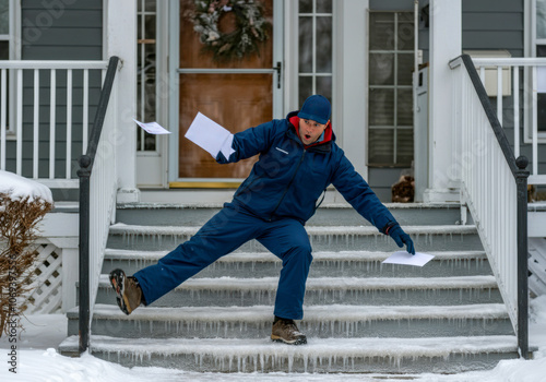 Delivery worker slips on ice while carrying packages at a residential home during winter