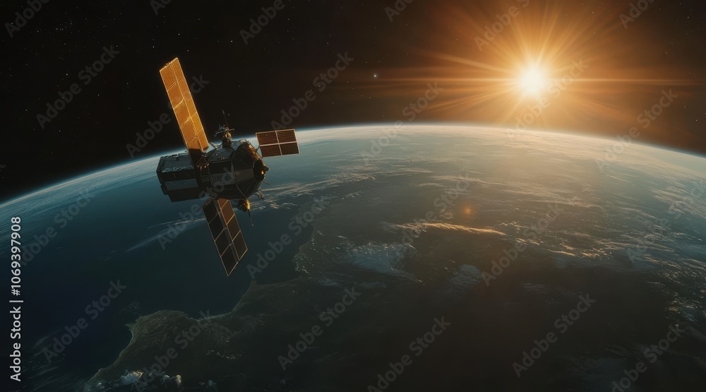 Obraz premium A satellite orbits Earth with a beautiful sunrise over the horizon.