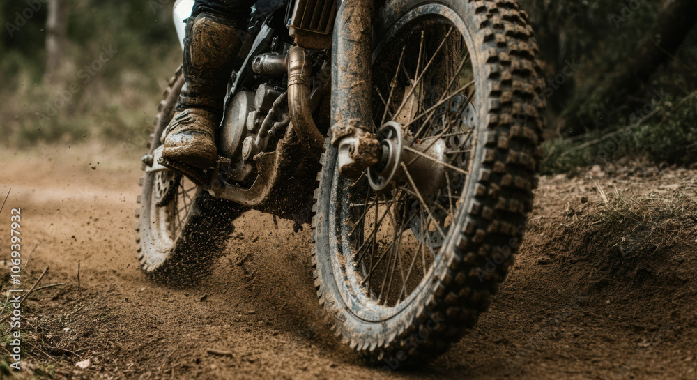 An adventurous rider conquers a muddy trail on a dirt motorcycle during a thrilling outdoor excursion An adventurous rider conquers a muddy trail on a dirt motorcycle during a thrilling outdoor excursion