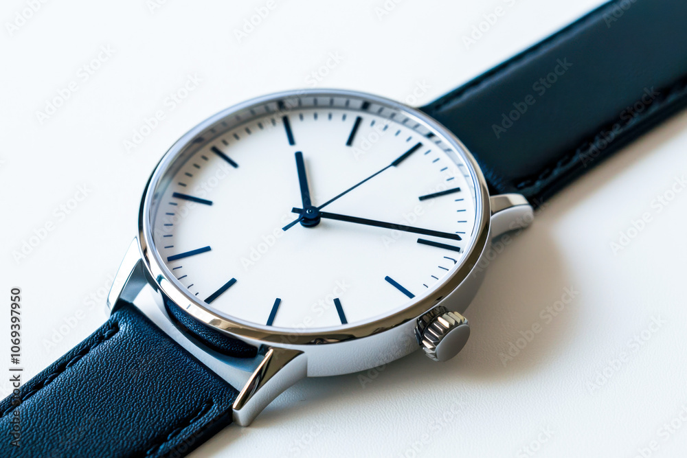 A sleek silver and black wristwatch resting on a light background, showcasing its minimalist design and precise timekeeping features A sleek silver and black wristwatch resting on a light background, showcasing its minimalist design and precise timekeeping features