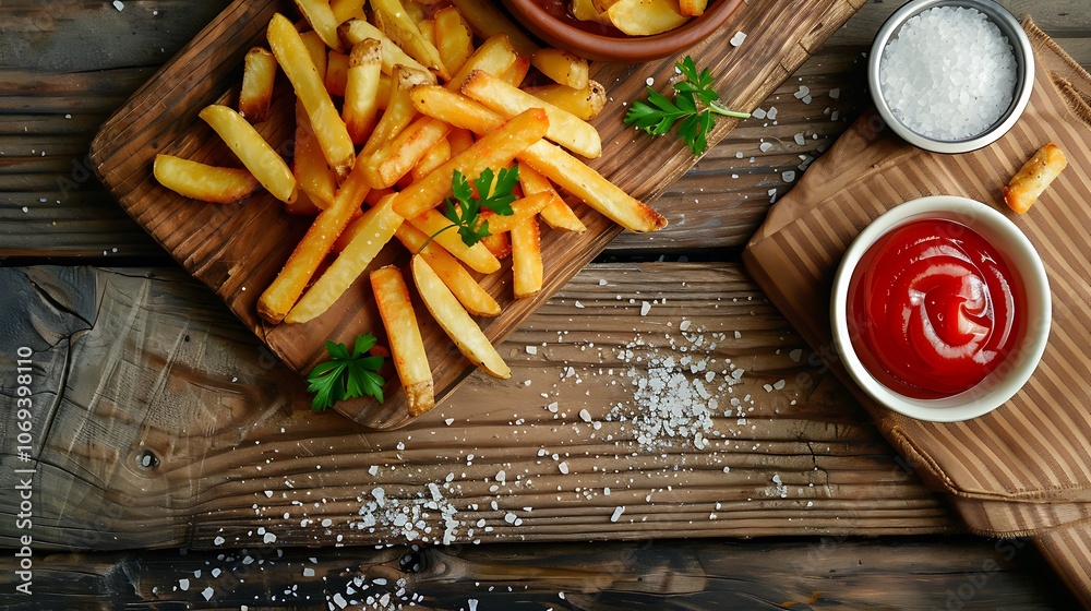 Food photography featuring golden brown rustic hand-cut fries with flaky sea salt and ketchup on a wooden board styled under natural light creating a mouthwatering visual appeal Food photography featuring golden brown rustic hand-cut fries with flaky sea salt and ketchup on a wooden board styled under natural light creating a mouthwatering visual appeal