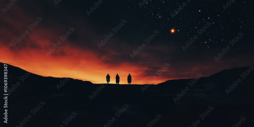 Fototapeta premium Minimalistic abstract background featuring the three wise men journeying under a starry night sky, biblical scene, religious concept
