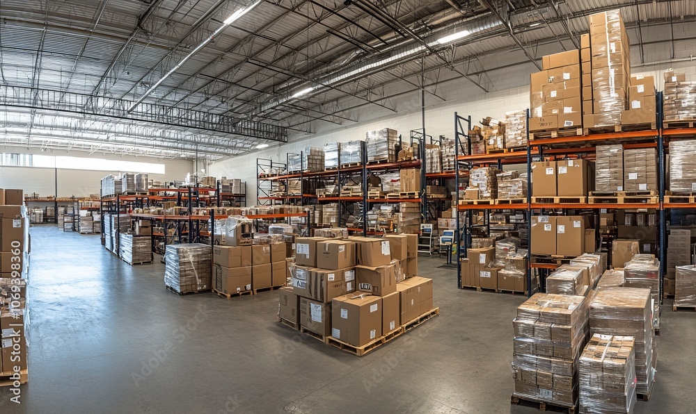 The interior of a large warehouse features meticulously organized shelves, filled with boxes stacked high, highlighting efficient storage and logistics management The interior of a large warehouse features meticulously organized shelves, filled with boxes stacked high, highlighting efficient storage and logistics management