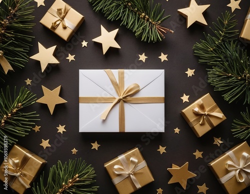 A beautifully wrapped gift surrounded by golden stars and small presents, evoking a festive holiday spirit.