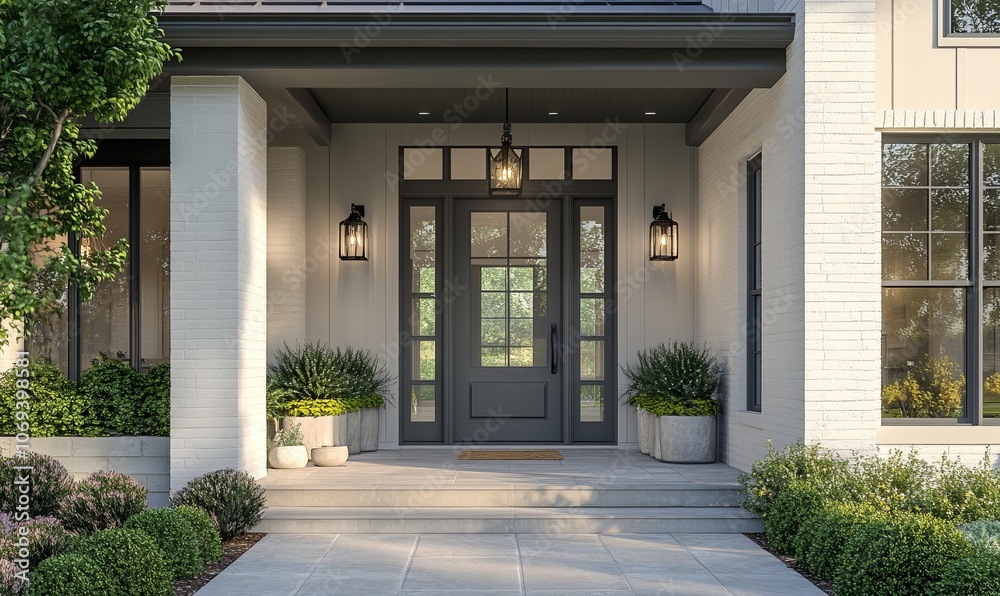 This grey modern farmhouse front door features a covered porch and is adorned with planters and light fixtures for added charm and curb appeal This grey modern farmhouse front door features a covered porch and is adorned with planters and light fixtures for added charm and curb appeal