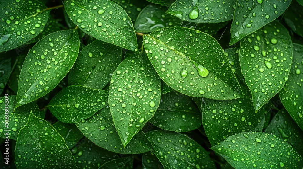 Fresh green leaves with raindrops captured in a close-up view during a rainy morning Fresh green leaves with raindrops captured in a close-up view during a rainy morning
