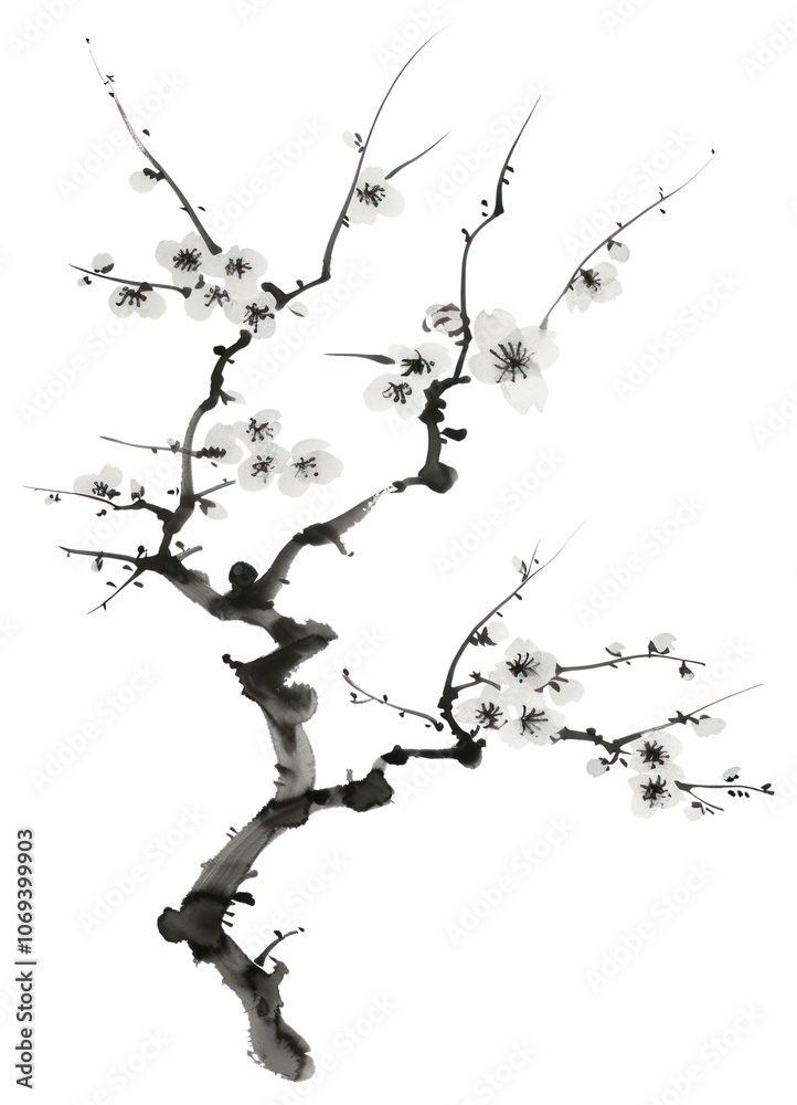 Obraz premium PNG Sakura tree blossom black white.