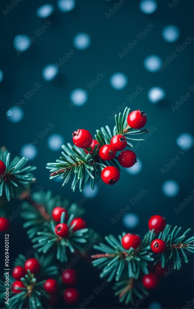 Yew branches with red berries close-up. Christmas card. New Year mood. Yew branches with red berries close-up. Christmas card. New Year mood.