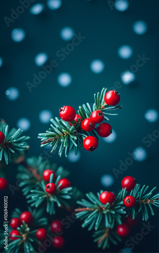 Yew branches with red berries close-up. Christmas card. New Year mood.