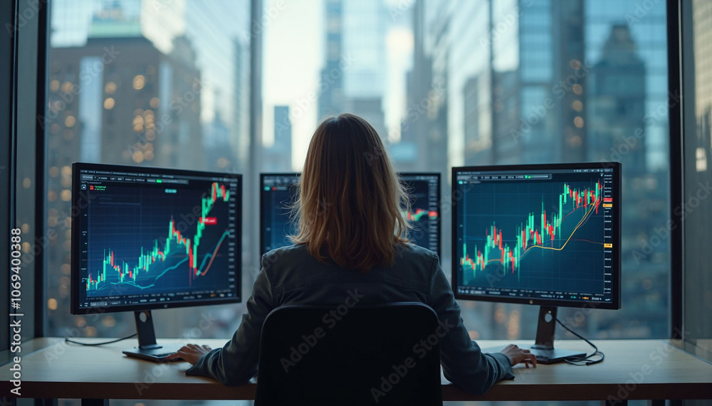 Trader tracking the market in a downtown office with city skyscrapers view in the blurred background. Great for investing sites. Trader tracking the market in a downtown office with city skyscrapers view in the blurred background. Great for investing sites.