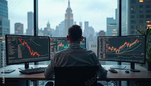 Trader tracking the market in a downtown office with city skyscrapers view in the blurred background. Great for investing sites.