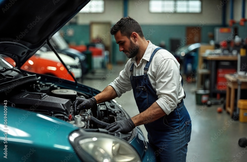 Professional Mechanic Working on Car Engine Professional Mechanic Working on Car Engine