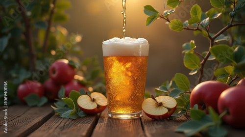 Cider pours into a beer glass surrounded by fresh leaves and apples outdoors