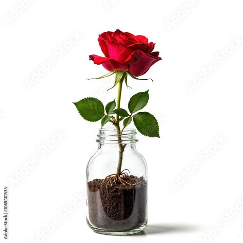  Single Red Rose Growing in Mason Jar