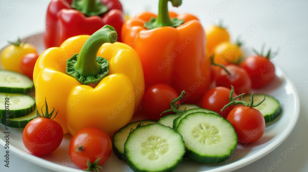 Vibrant vegetable platter featuring bell peppers, cucumbers, and cherry tomatoes
