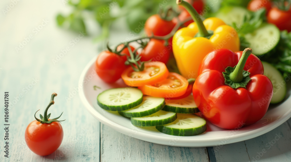A colorful veggie platter of fresh cucumbers, peppers, and tomatoes A colorful veggie platter of fresh cucumbers, peppers, and tomatoes