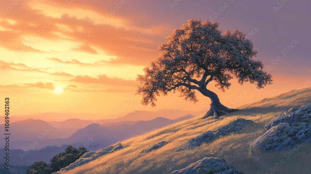 Solitary Tree on a Hilltop at Sunset Solitary Tree on a Hilltop at Sunset