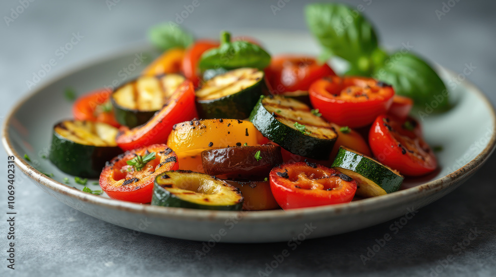 Grilled vegetables on a plate featuring zucchini, bell peppers, and tomatoes Grilled vegetables on a plate featuring zucchini, bell peppers, and tomatoes