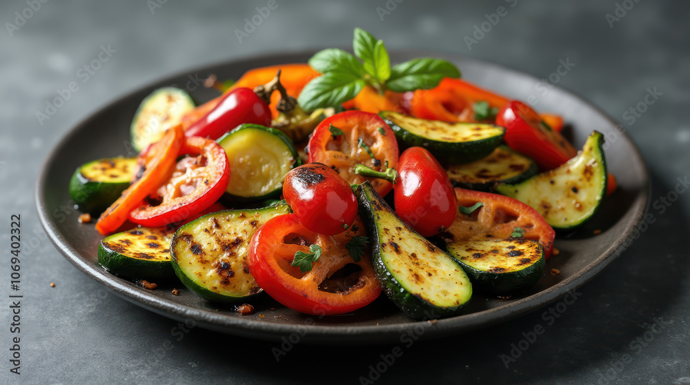 Grilled zucchini and bell peppers served on a black plate with fresh herbs Grilled zucchini and bell peppers served on a black plate with fresh herbs