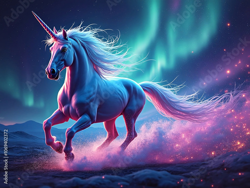 Fantasy art beautiful white unicorn running leaving streams of dust and sparkles behind