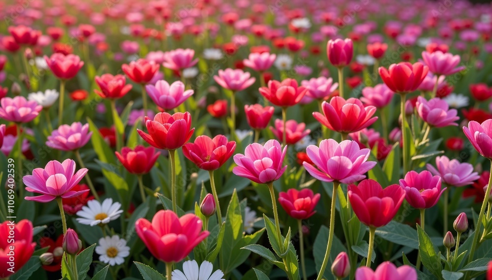 Vibrant field of flowers in soft shades of pink and red Vibrant field of flowers in soft shades of pink and red
