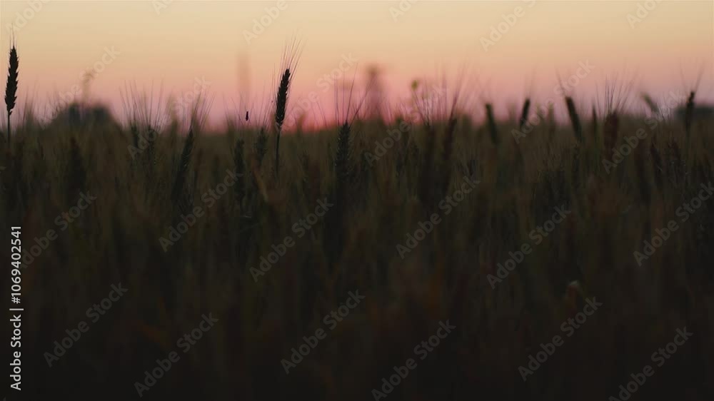 A field with ears of ripe wheat takes shape in the sunset A field with ears of ripe wheat takes shape in the sunset