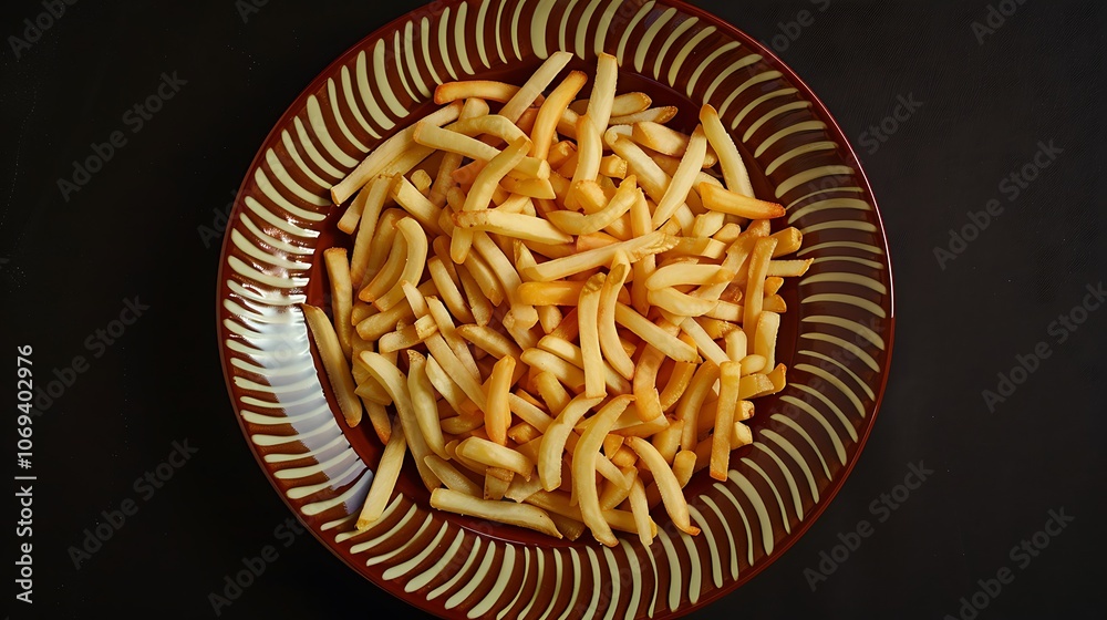 A round ceramic plate filled with golden crispy French fries arranged in a perfect spiral pattern showcasing the vibrant texture and delicious appeal of this classic comfort food A round ceramic plate filled with golden crispy French fries arranged in a perfect spiral pattern showcasing the vibrant texture and delicious appeal of this classic comfort food